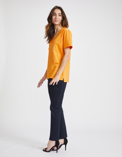 T-Shirt Col V Femme - Orange