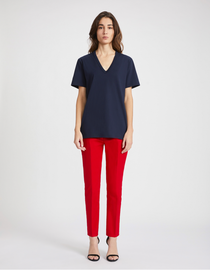 T-Shirt Col V Femme - Bleu Marine