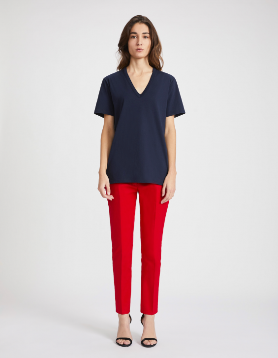 T-Shirt Col V Femme - Bleu Marine